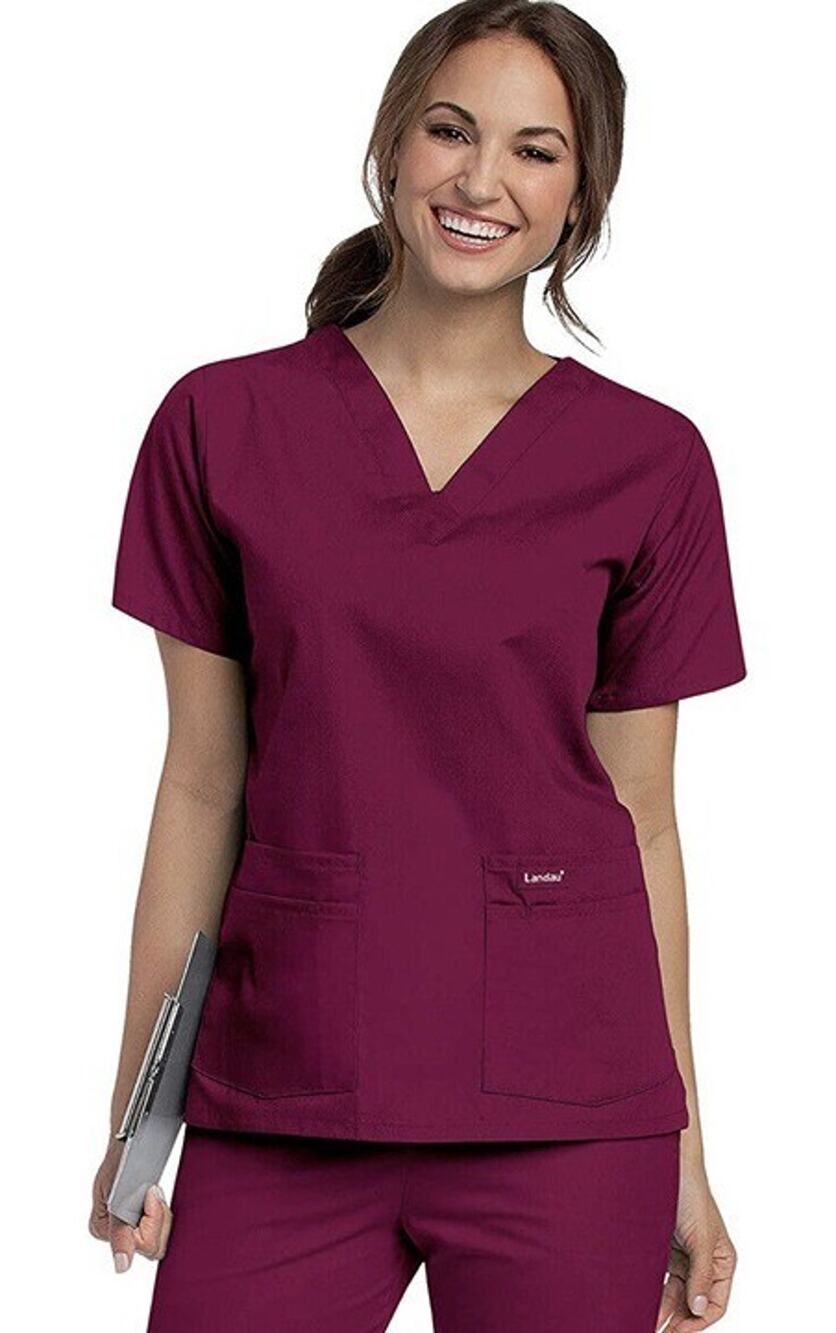 Landau 8219 Women’s 4-Pocket V-Neck Scrub Top Wine M NWT